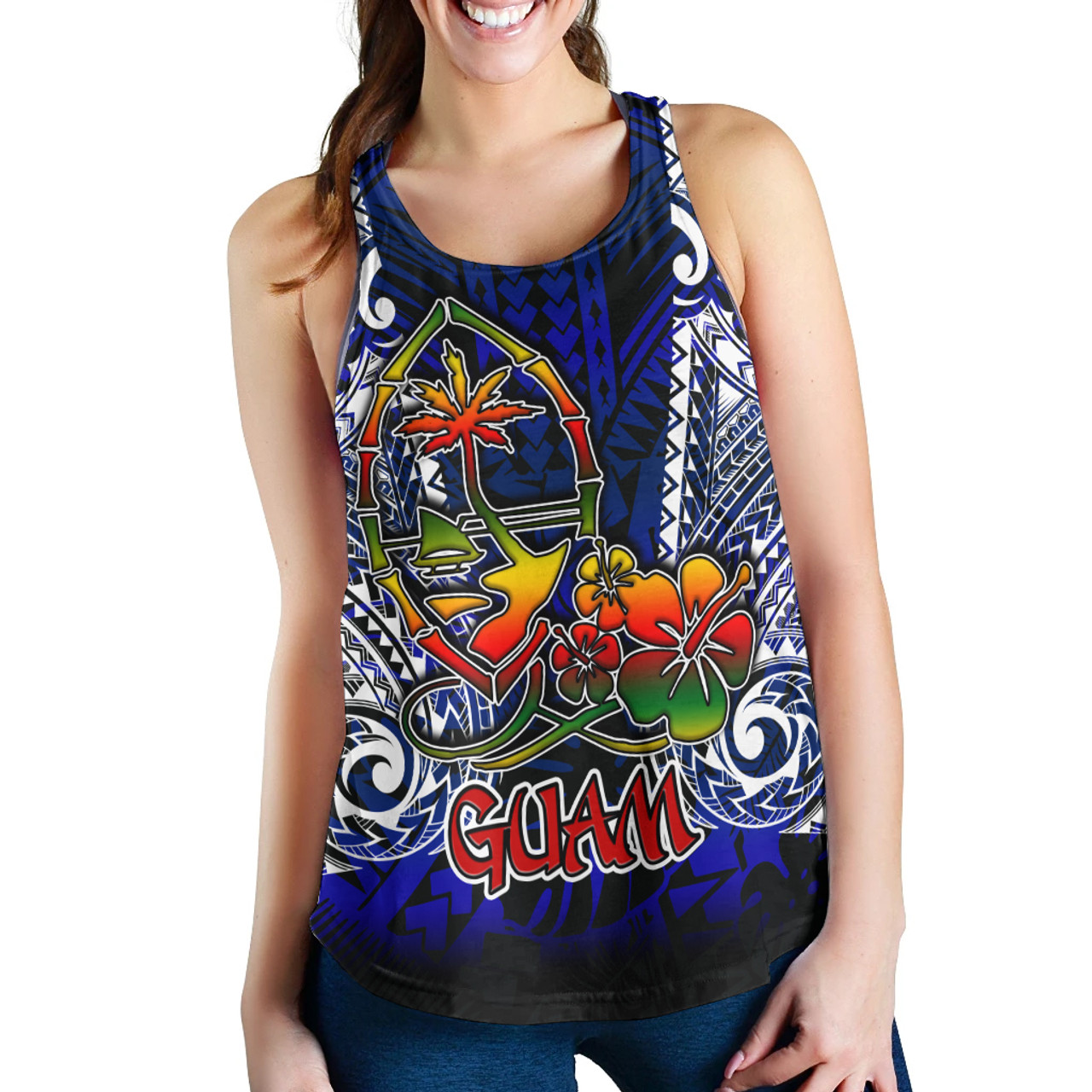 Guam Women Racerback Tank - Guam Independence Day '' Wish You A Very Happy Independence Day '' With Polynesian Patterns