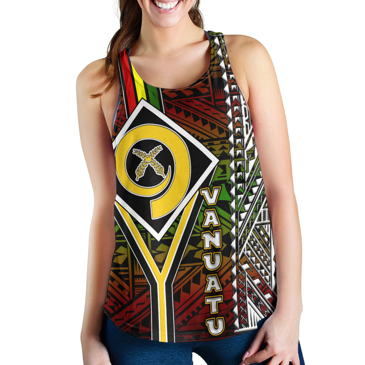 Vanuatu Women Racerback Tank - Vanuatu Independence Anniversary Flag Style Polynesian Patterns