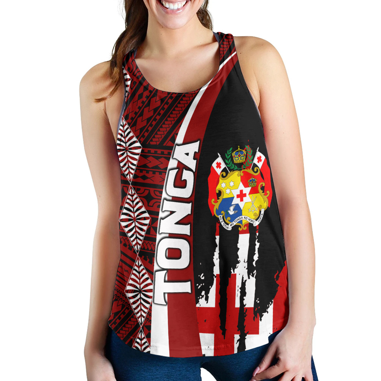 Tonga Women Racerback Tank - Coat Of Arms Tapa Tonga Patterns