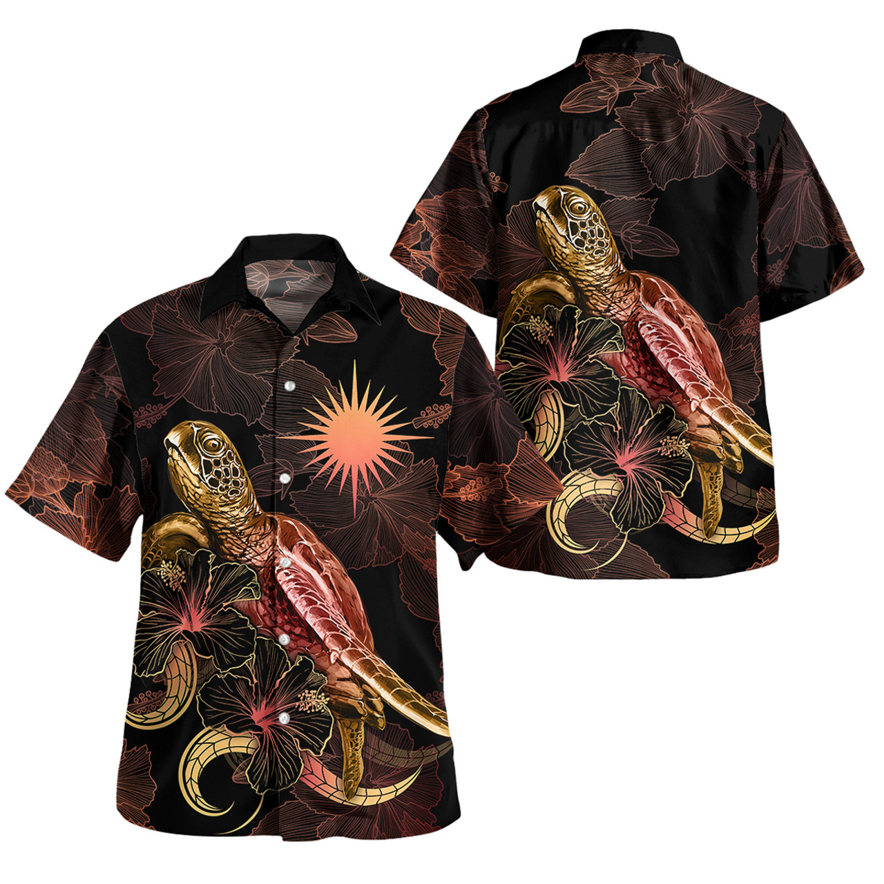 Marshall Islands Short Sleeve Shirt - Custom Marshall Islands Pride With Polynesian Turtle Blooming Hibiscus Gold