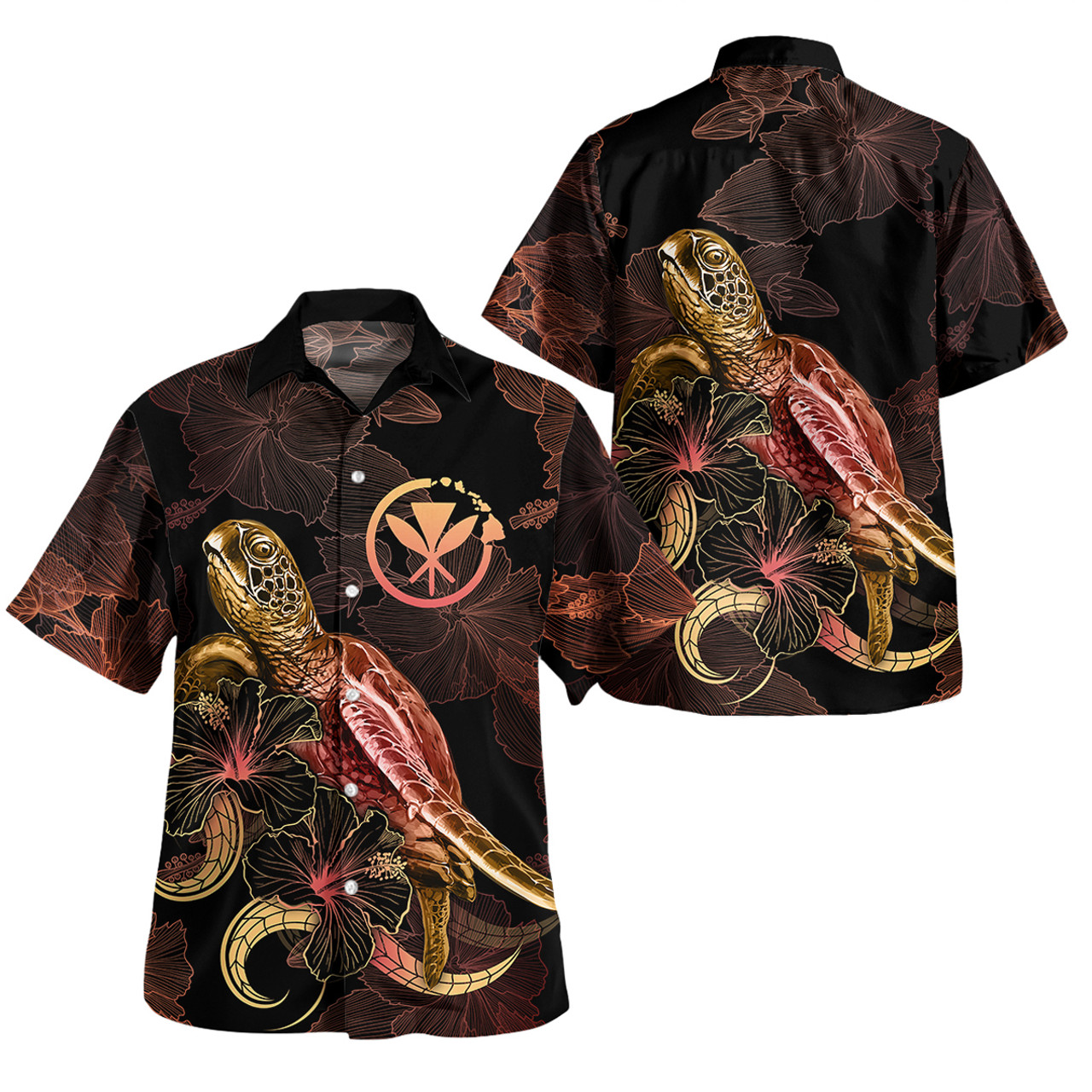 Hawaii Short Sleeve Shirt - Custom Hawaii Map With Polynesian Turtle Blooming Hibiscus Gold