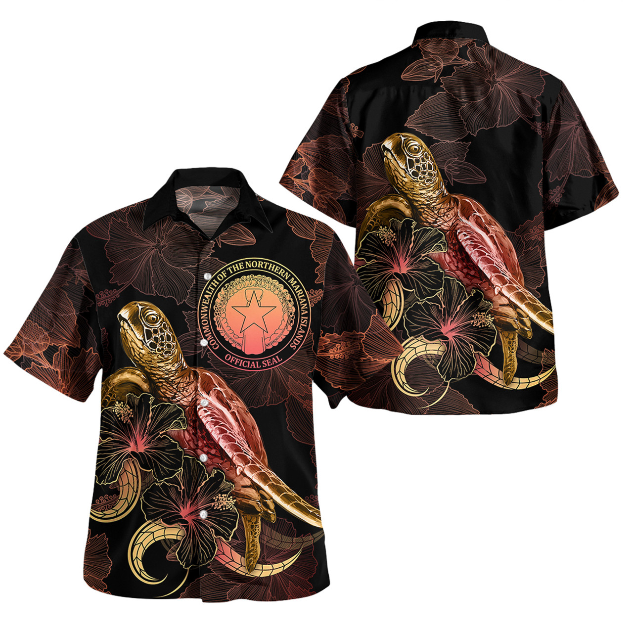 Northern Mariana Islands Short Sleeve Shirt - Custom CNMI Pride With Polynesian Turtle Blooming Hibiscus Gold