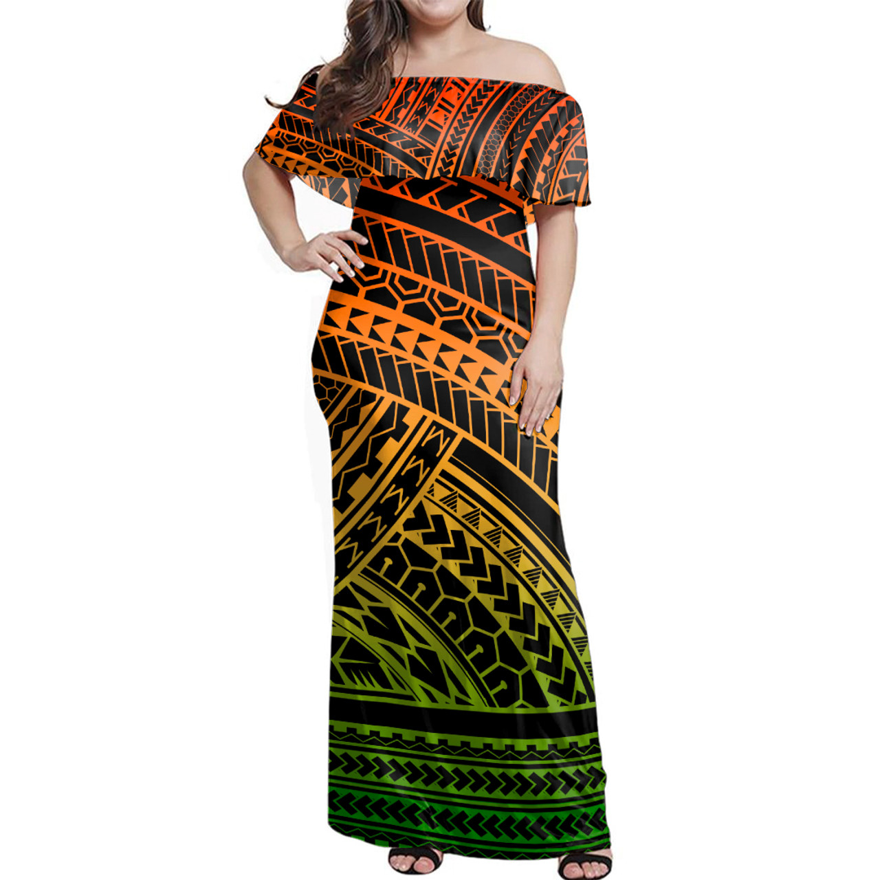 Polynesian Woman Off Shoulder Long Dress Pattern Tattoo Gradient