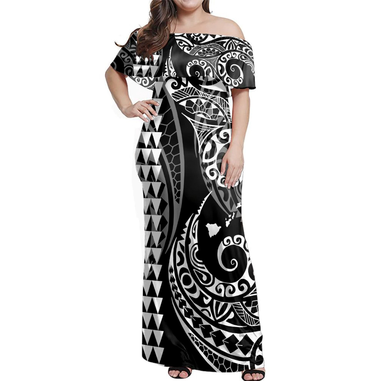 Hawaii Woman Off Shoulder Long Dress Tribal Hawaiian Map Kakau Style