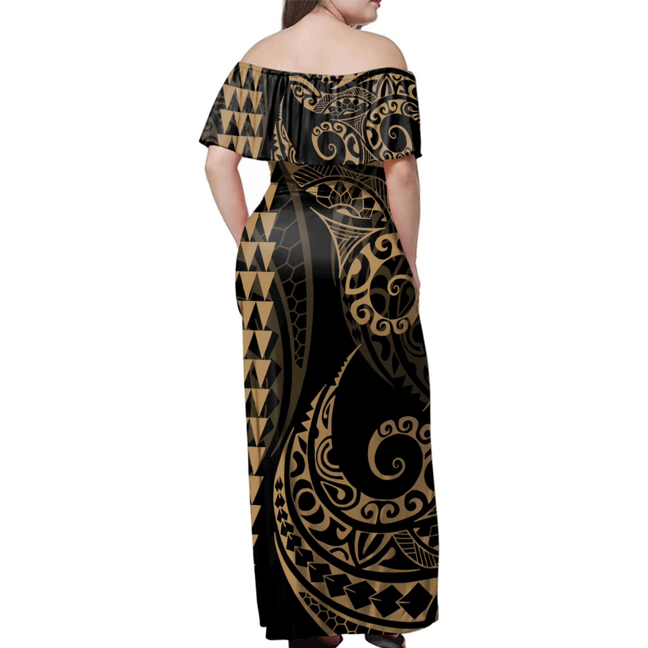 Hawaii Woman Off Shoulder Long Dress Tribal Hawaiian Map Kakau Golden Style