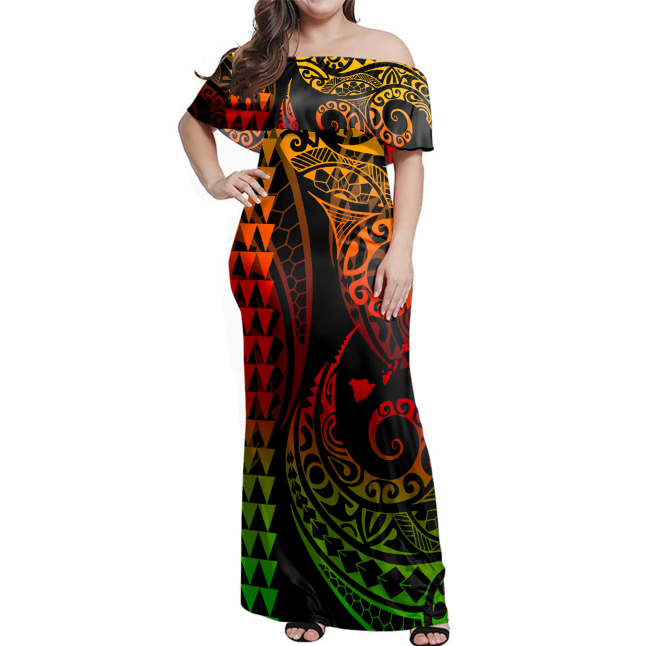 Hawaii Woman Off Shoulder Long Dress Tribal Hawaiian Map Kakau Color Style