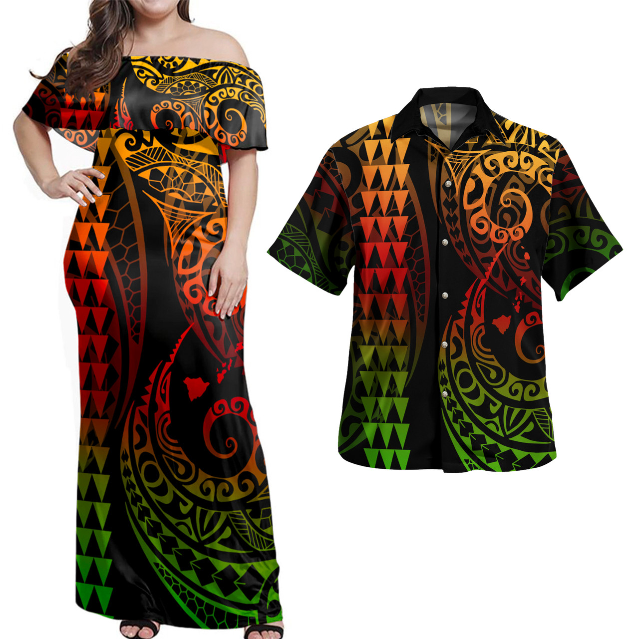 Hawaii Polynesian Combo Dress And Shirt Hawaiian Map Kakau Style Color