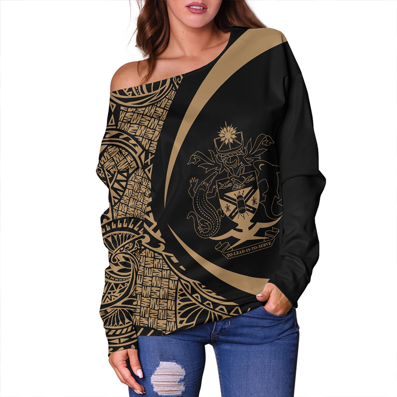 Solomon Islands Off Shoulder Sweatshirt Coat Of Arm Lauhala Gold Circle