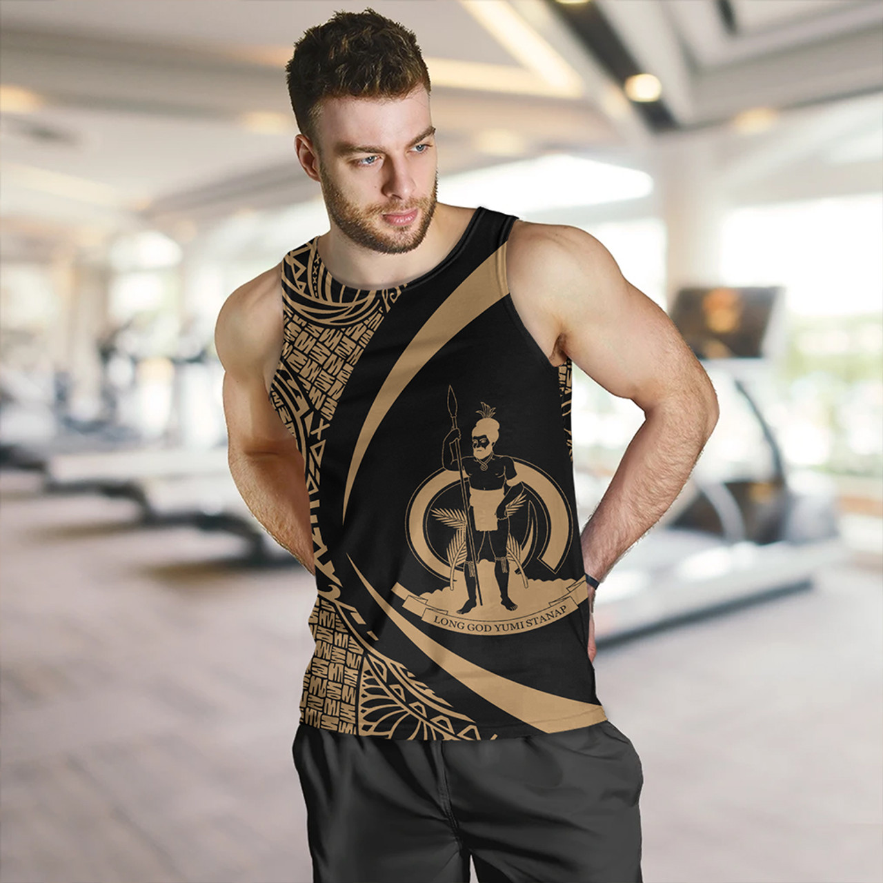 Vanuatu Tank Top Coat Of Arm Lauhala Gold Circle