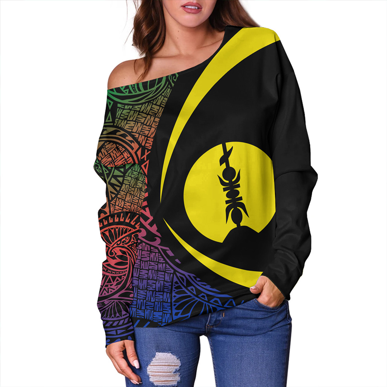 New Caledonia Off Shoulder Sweatshirt Coat Of Arm Lauhala Circle