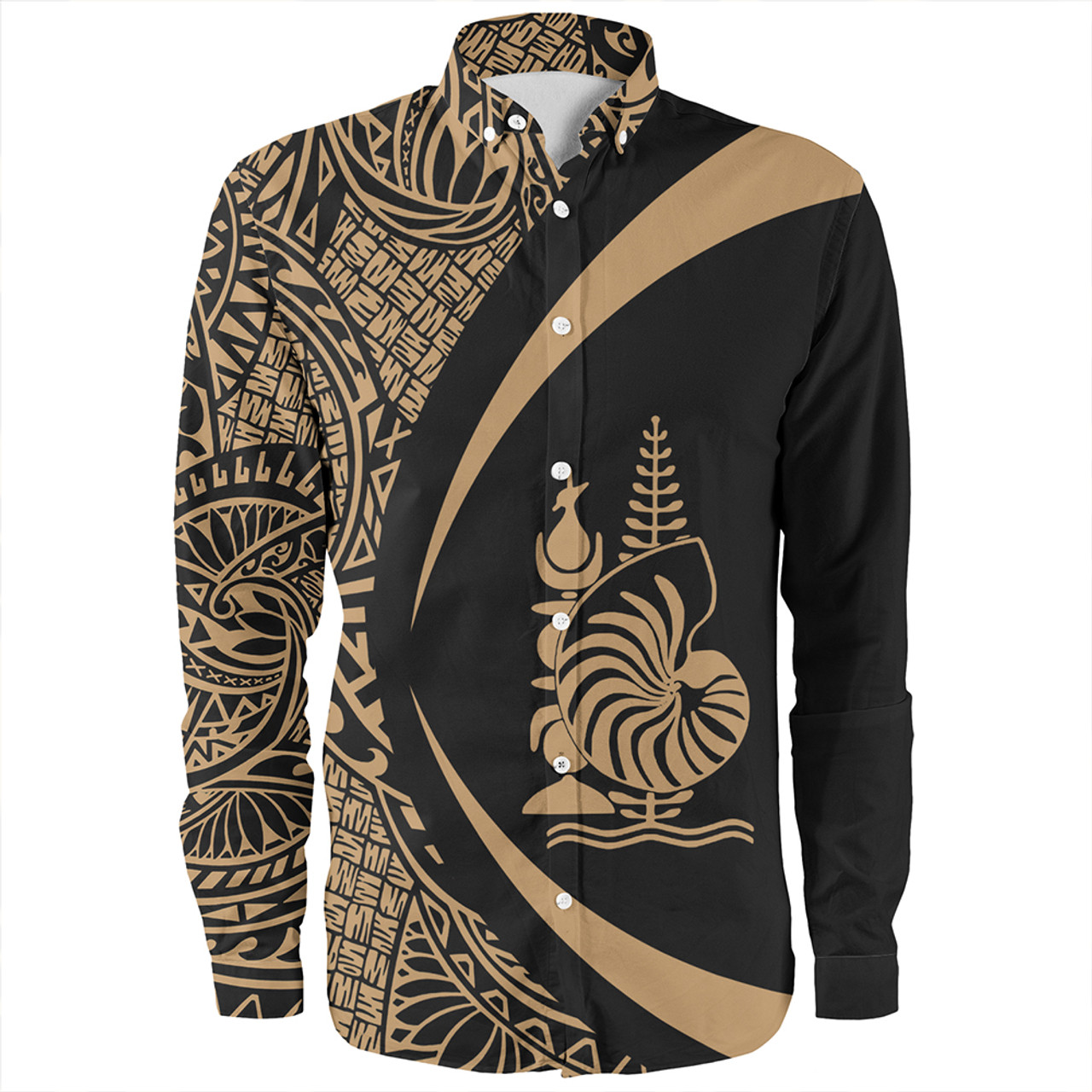 New Caledonia Long Sleeve Shirt Coat Of Arm Lauhala Gold Circle