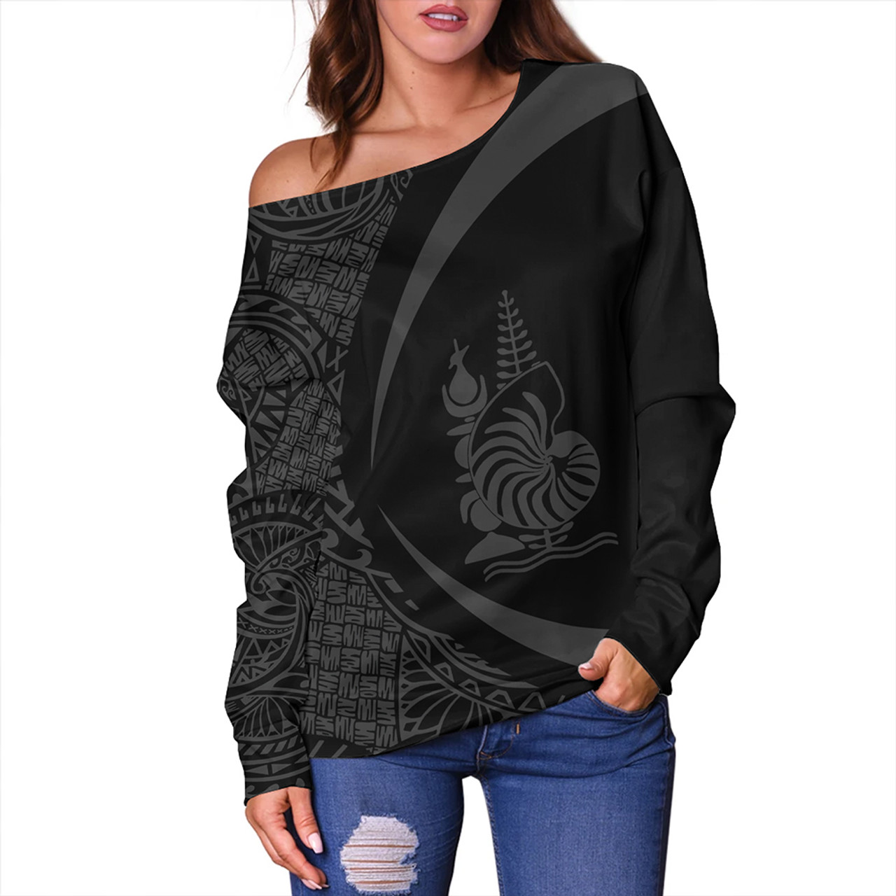 New Caledonia Off Shoulder Sweatshirt Coat Of Arm Lauhala Gray Circle