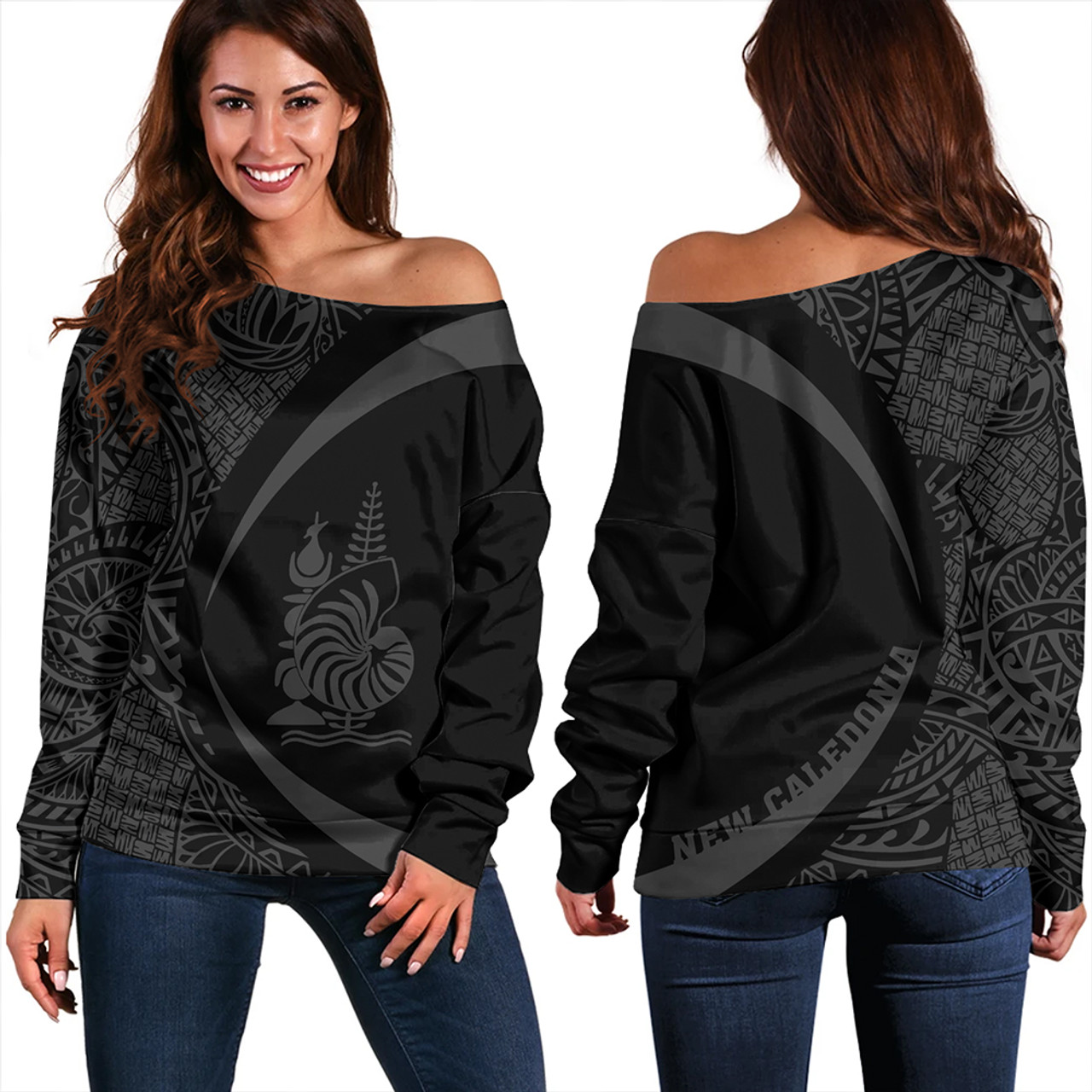 New Caledonia Off Shoulder Sweatshirt Coat Of Arm Lauhala Gray Circle