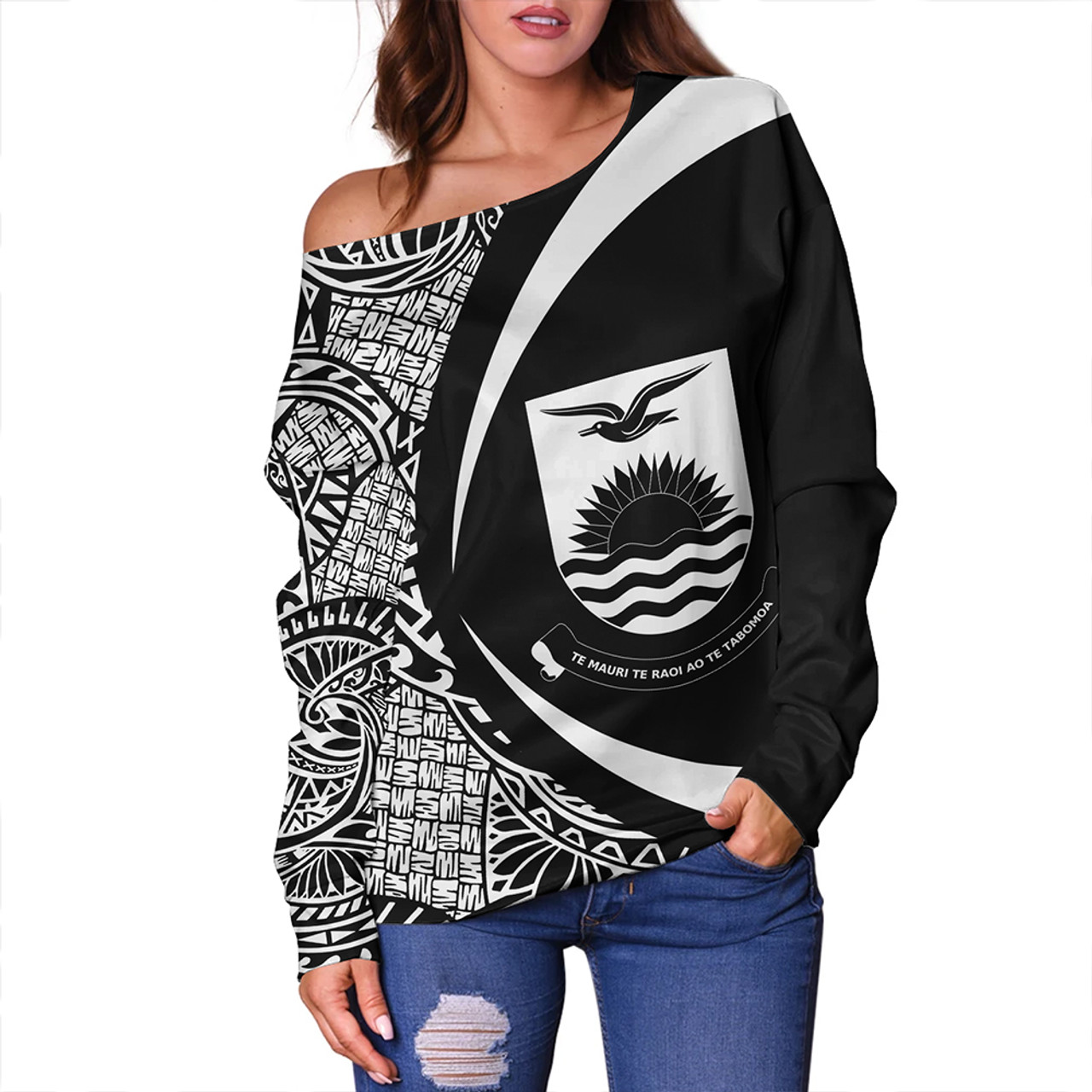 Kiribati Off Shoulder Sweatshirt Coat Of Arm Lauhala White Circle