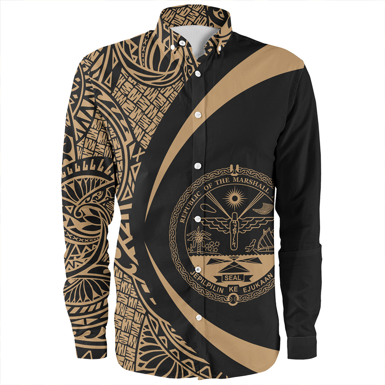 Marshall Islands Long Sleeve Shirt Coat Of Arm Lauhala Gold Circle