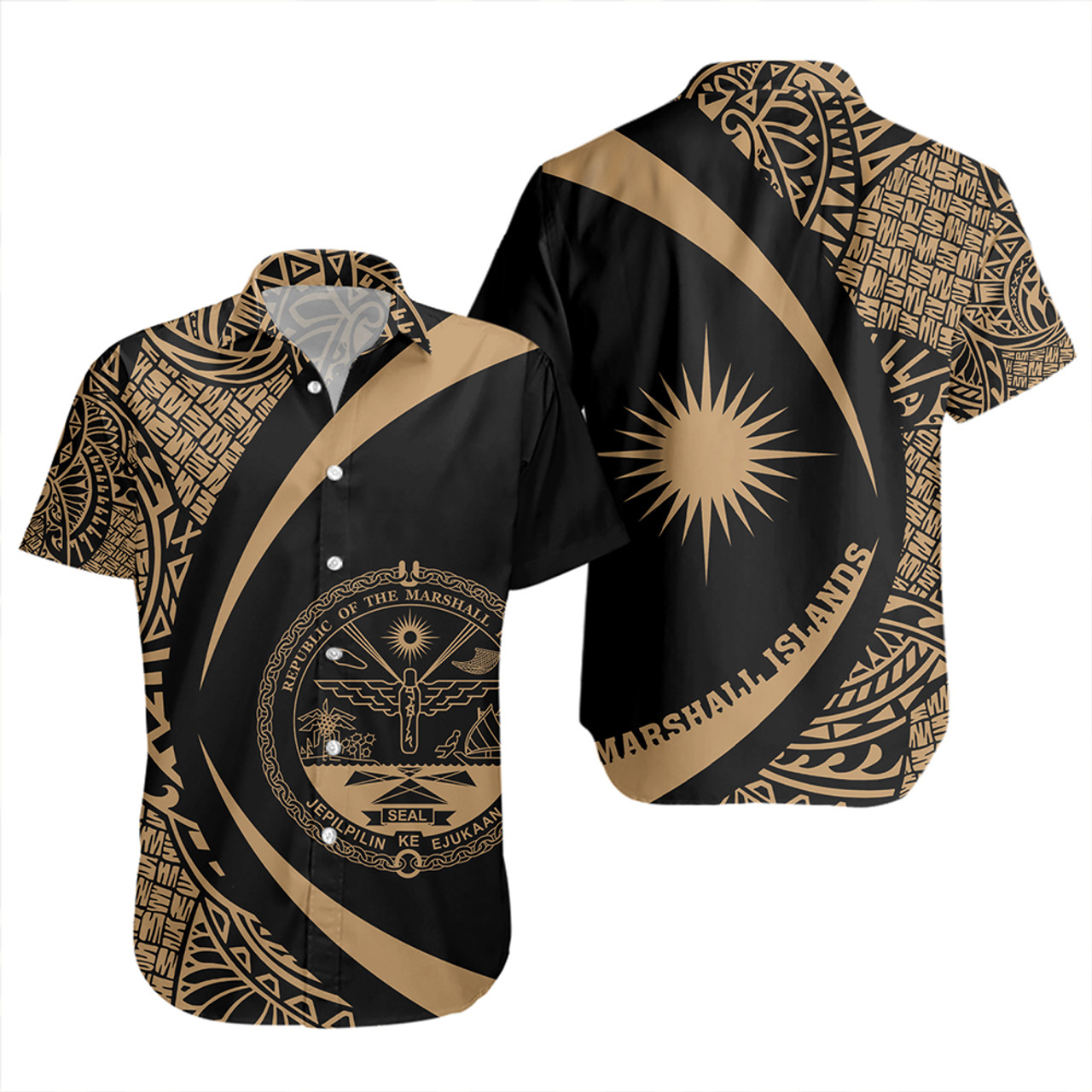 Marshall Islands Short Sleeve Shirt Coat Of Arm Lauhala Gold Circle