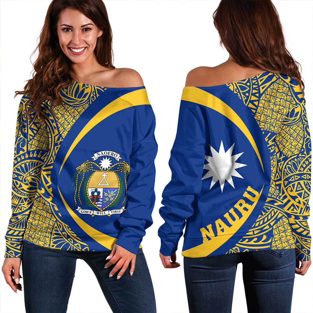 Nauru Off Shoulder Sweatshirt Coat Of Arm Lauhala Circle