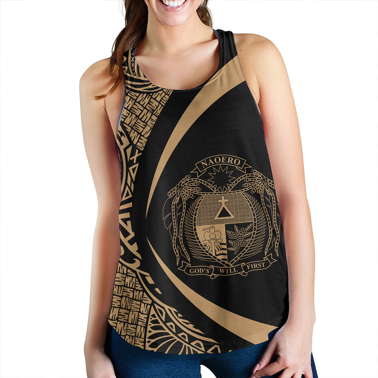 Nauru Women Tank Coat Of Arm Lauhala Gold Circle