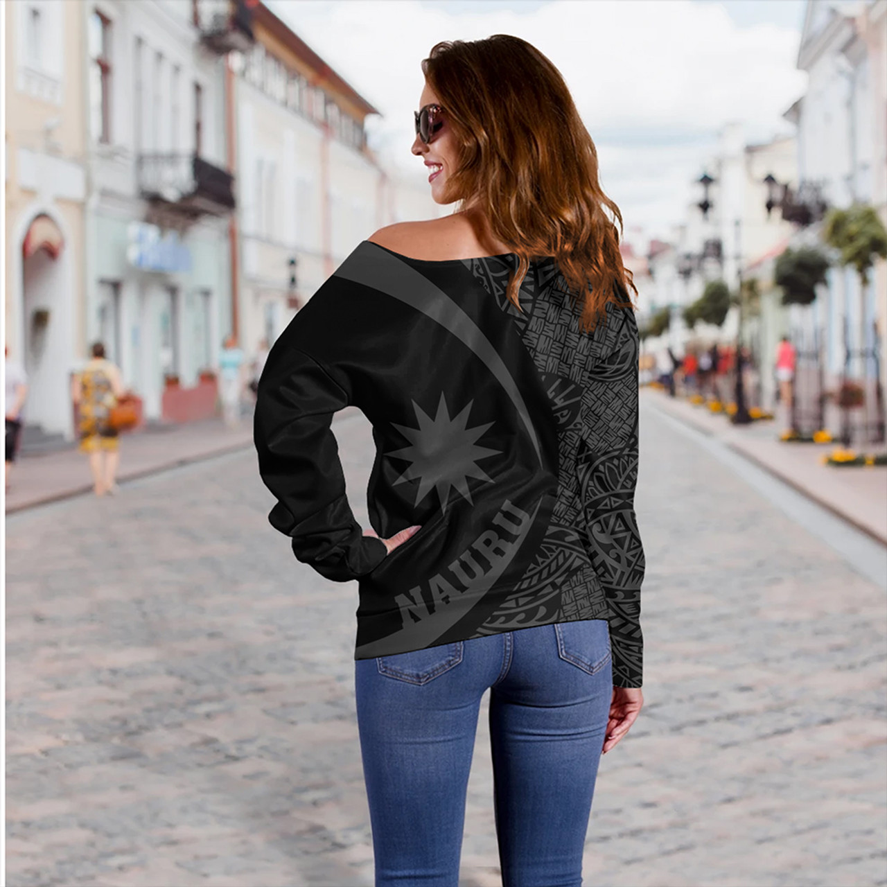 Nauru Off Shoulder Sweatshirt Coat Of Arm Lauhala Gray Circle