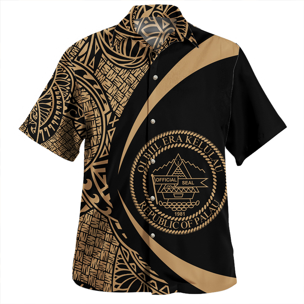 Palau Hawaiian Shirt Coat Of Arm Lauhala Gold Circle
