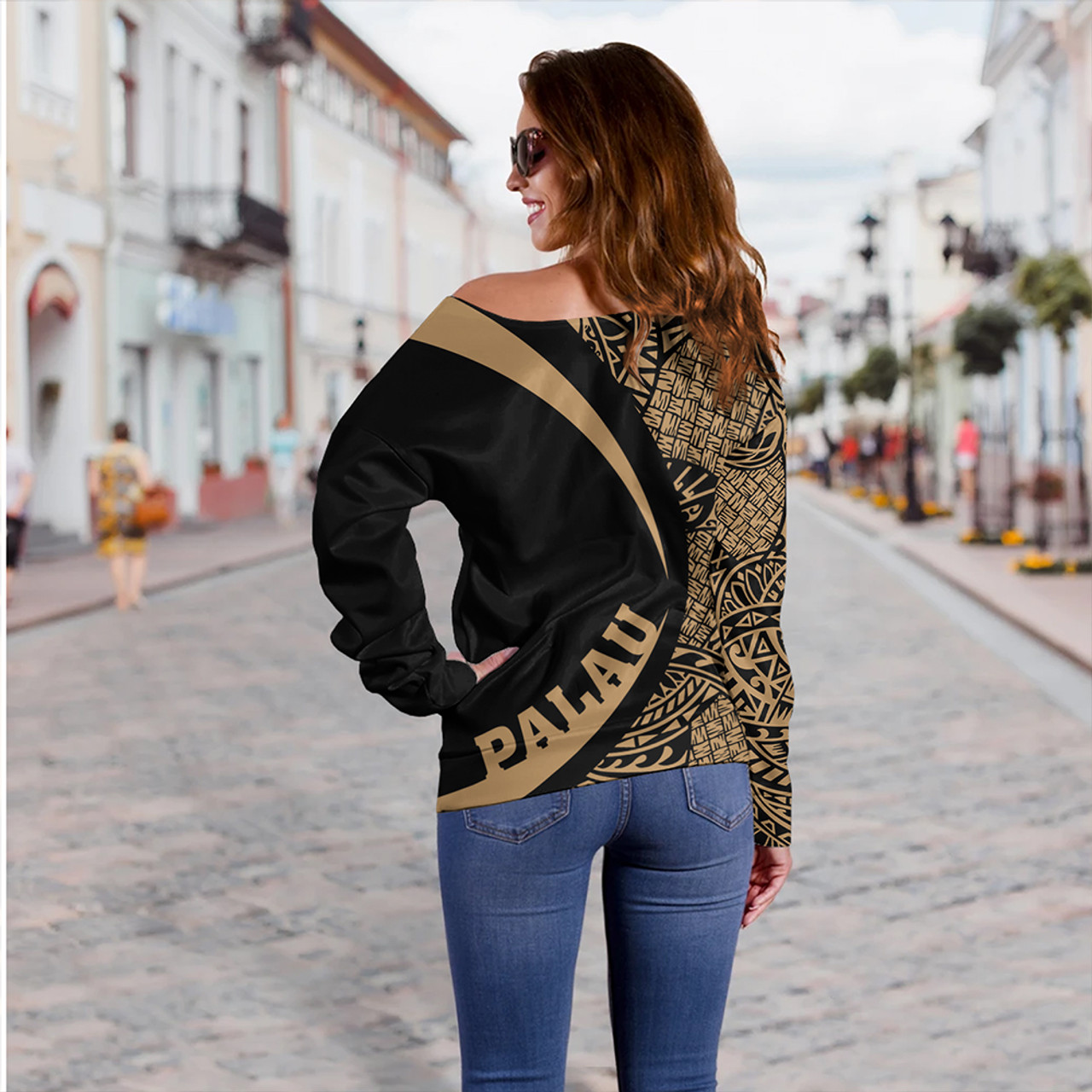 Palau Off Shoulder Sweatshirt Coat Of Arm Lauhala Gold Circle