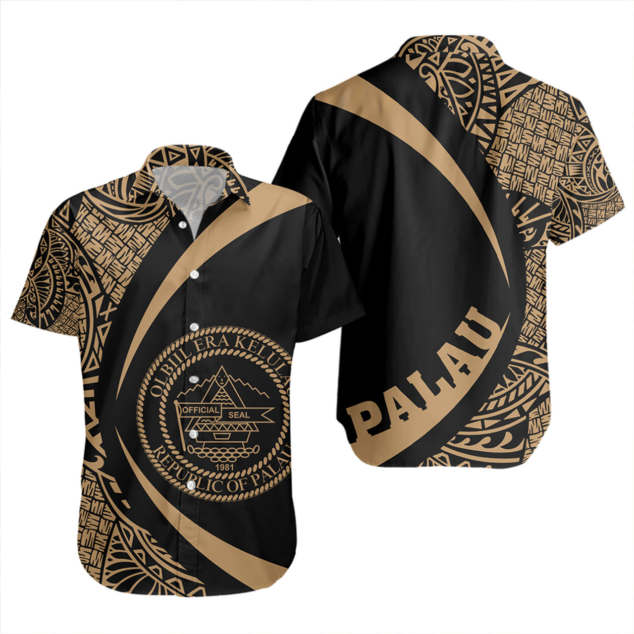 Palau Short Sleeve Shirt Coat Of Arm Lauhala Gold Circle