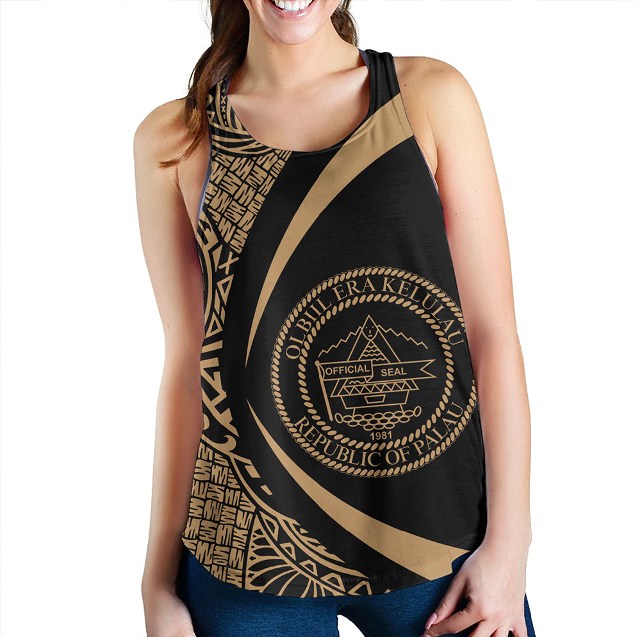 Palau Women Tank Coat Of Arm Lauhala Gold Circle