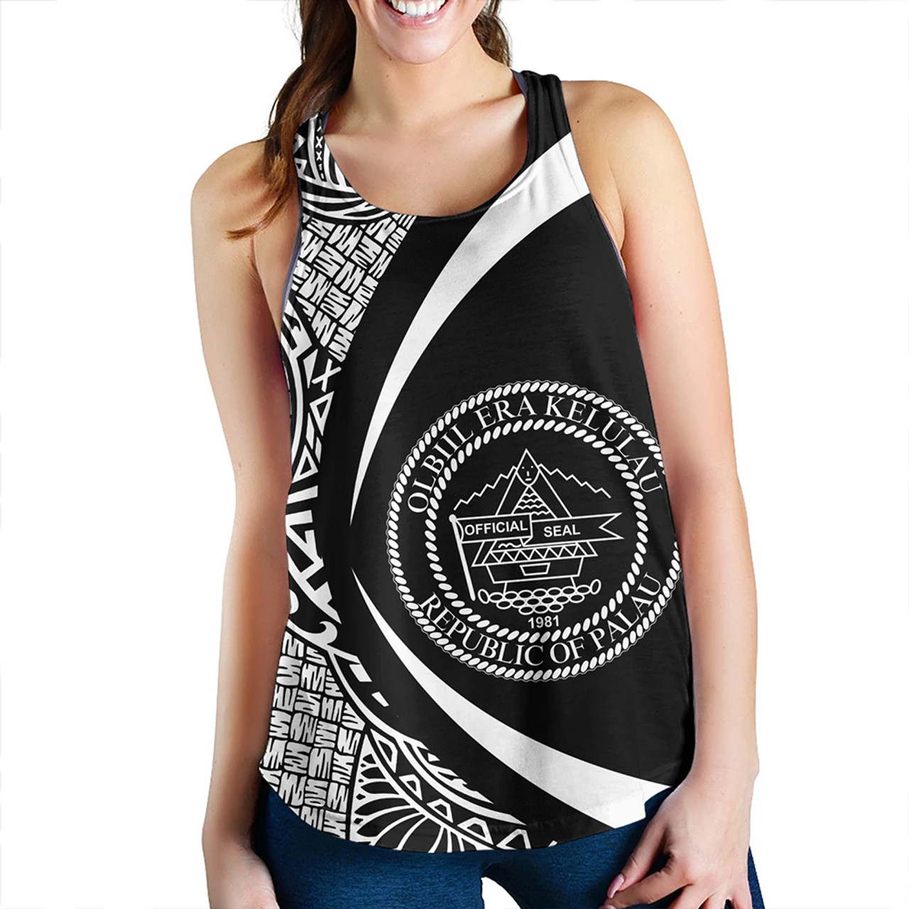 Palau Women Tank Coat Of Arm Lauhala White Circle