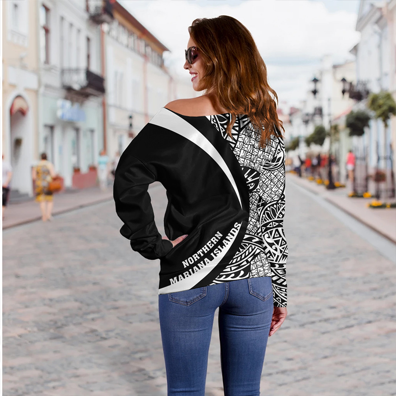 Northern Mariana Islands Off Shoulder Sweatshirt Coat Of Arm Lauhala White Circle