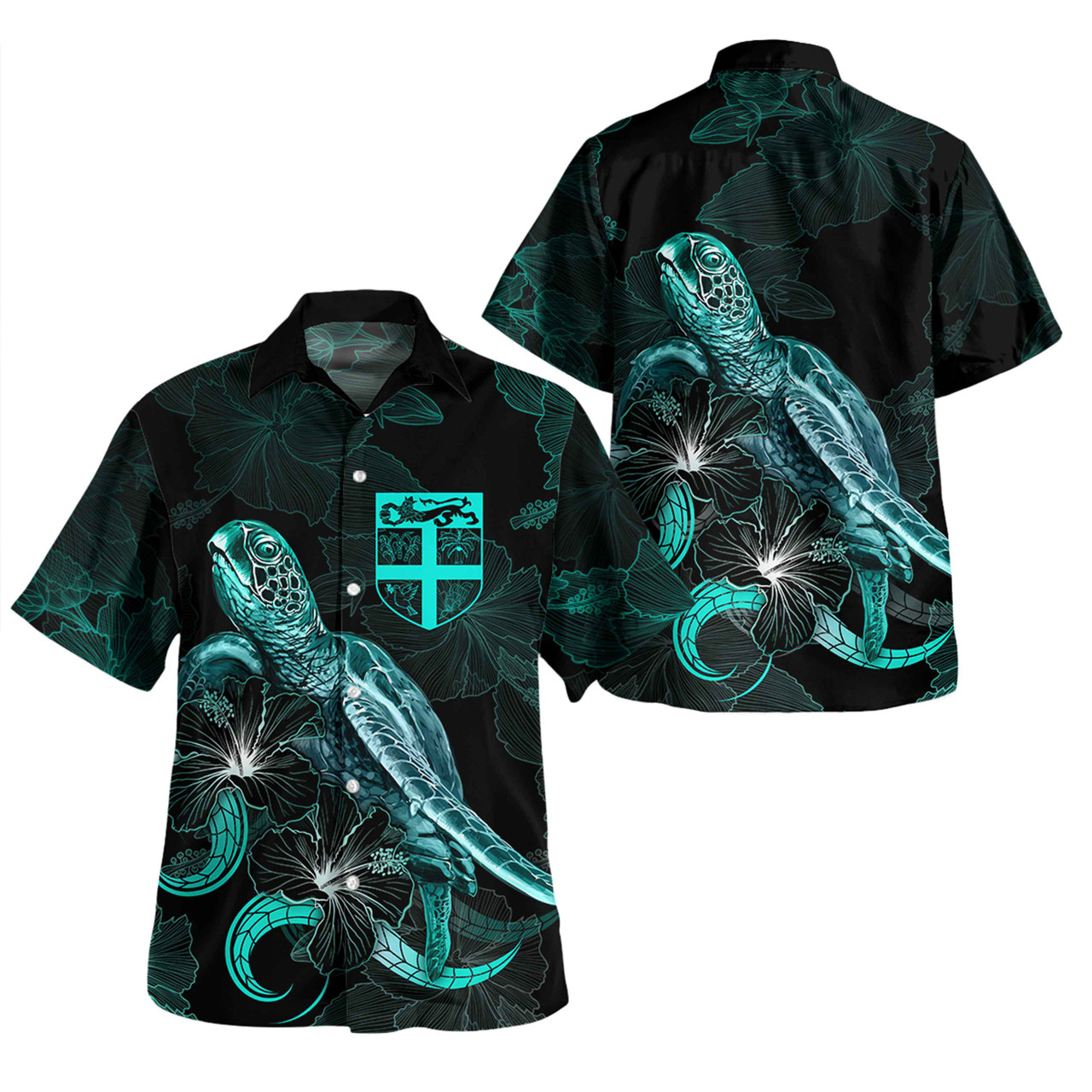Fiji Short Sleeve Shirt - Custom Fiji Coat Of Arms With Polynesian Turtle Blooming Hibiscus Turquoise