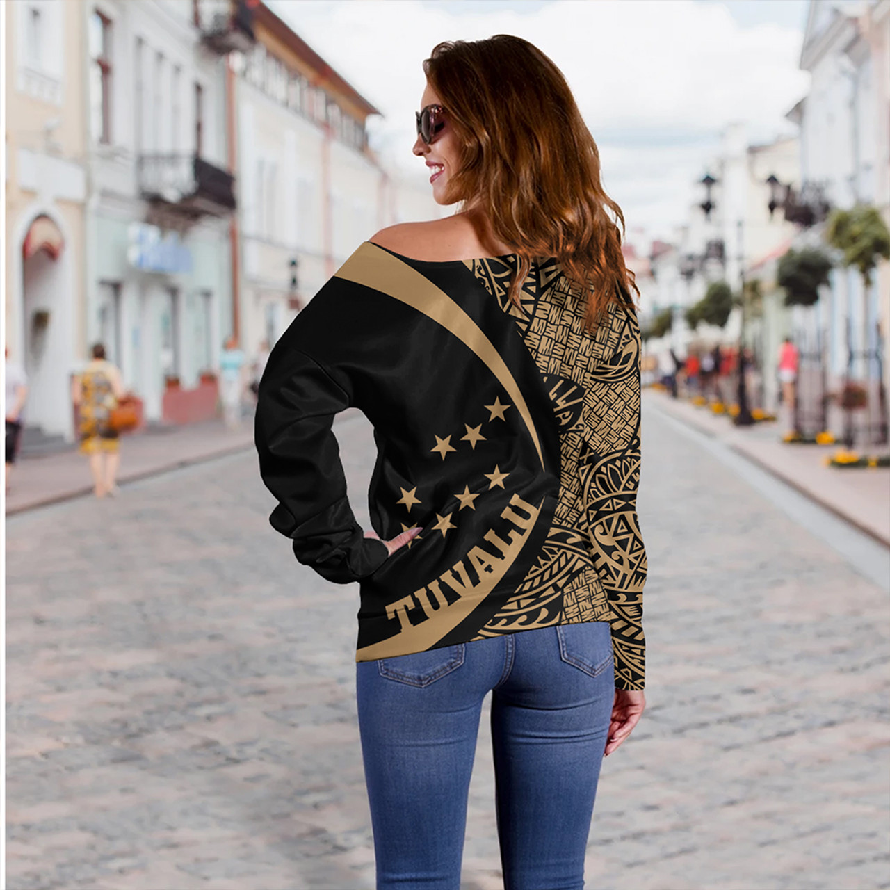 Tuvalu Off Shoulder Sweatshirt Coat Of Arm Lauhala Gold Circle