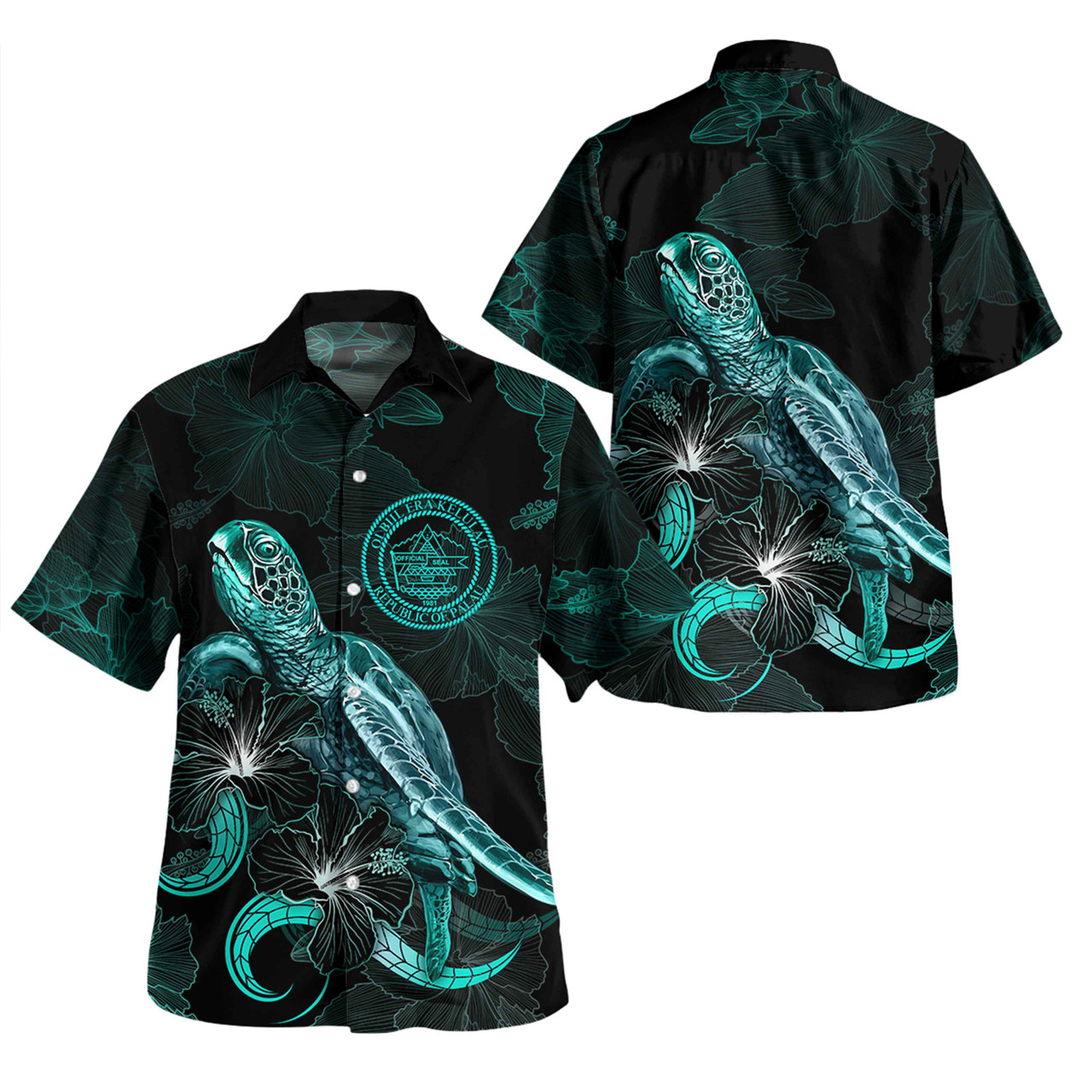 Palau Short Sleeve Shirt - Custom Palau Coat Of Arms With Polynesian Turtle Blooming Hibiscus Turquoise