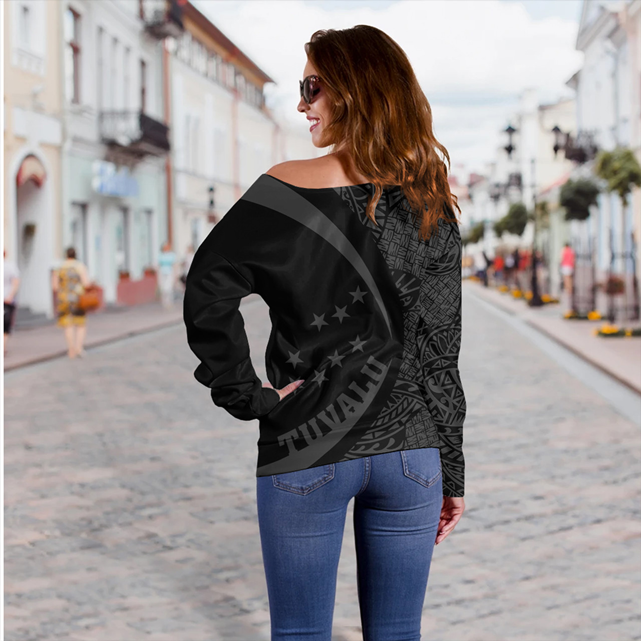 Tuvalu Off Shoulder Sweatshirt Coat Of Arm Lauhala Gray Circle