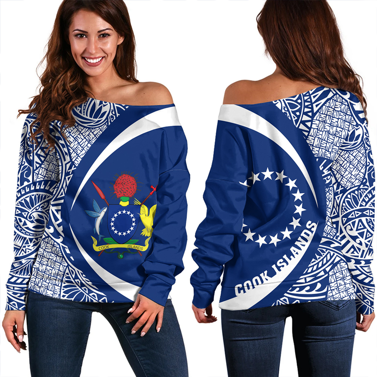 Cook Islands Off Shoulder Sweatshirt Coat Of Arm Lauhala Circle