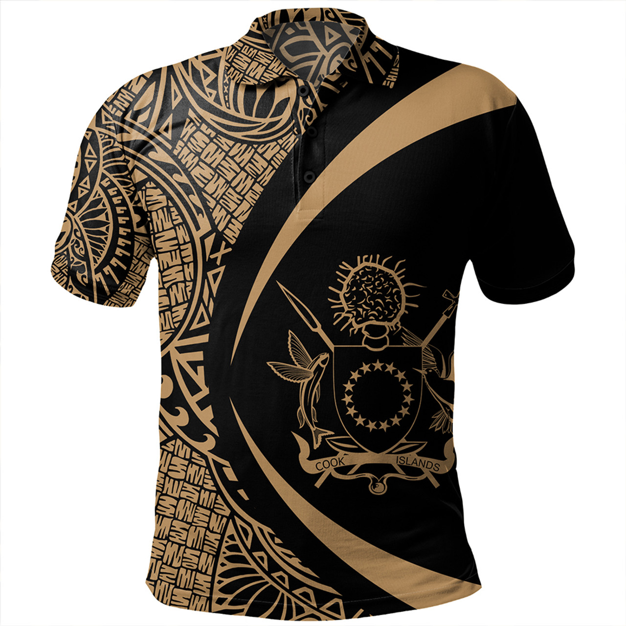 Cook Islands Polo Shirt Coat Of Arm Lauhala Gold Circle