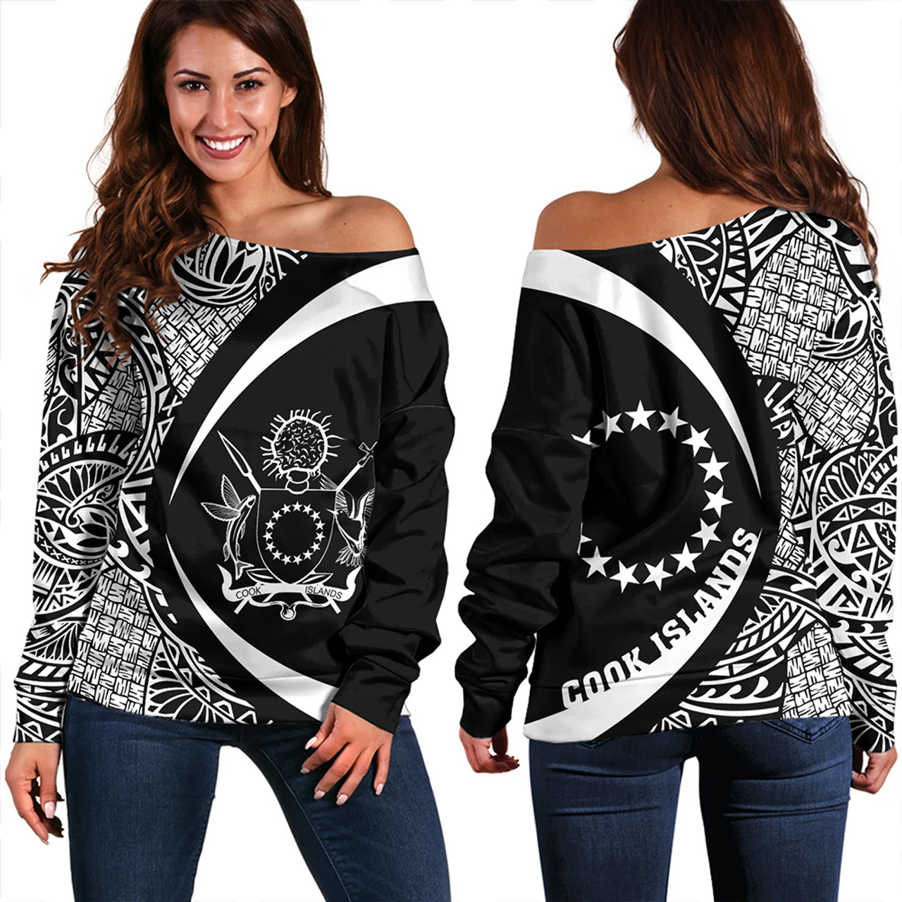 Cook Islands Off Shoulder Sweatshirt Coat Of Arm Lauhala White Circle