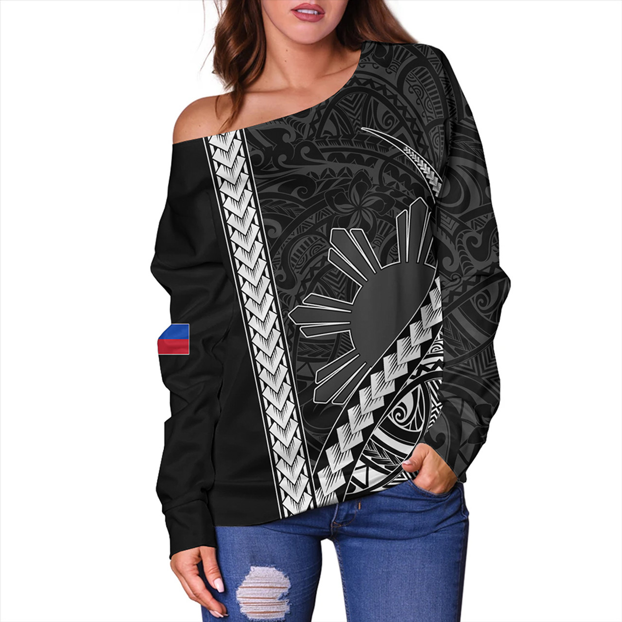 Philippines Off Shoulder Sweatshirt Tribal Polynesian Sun Gray