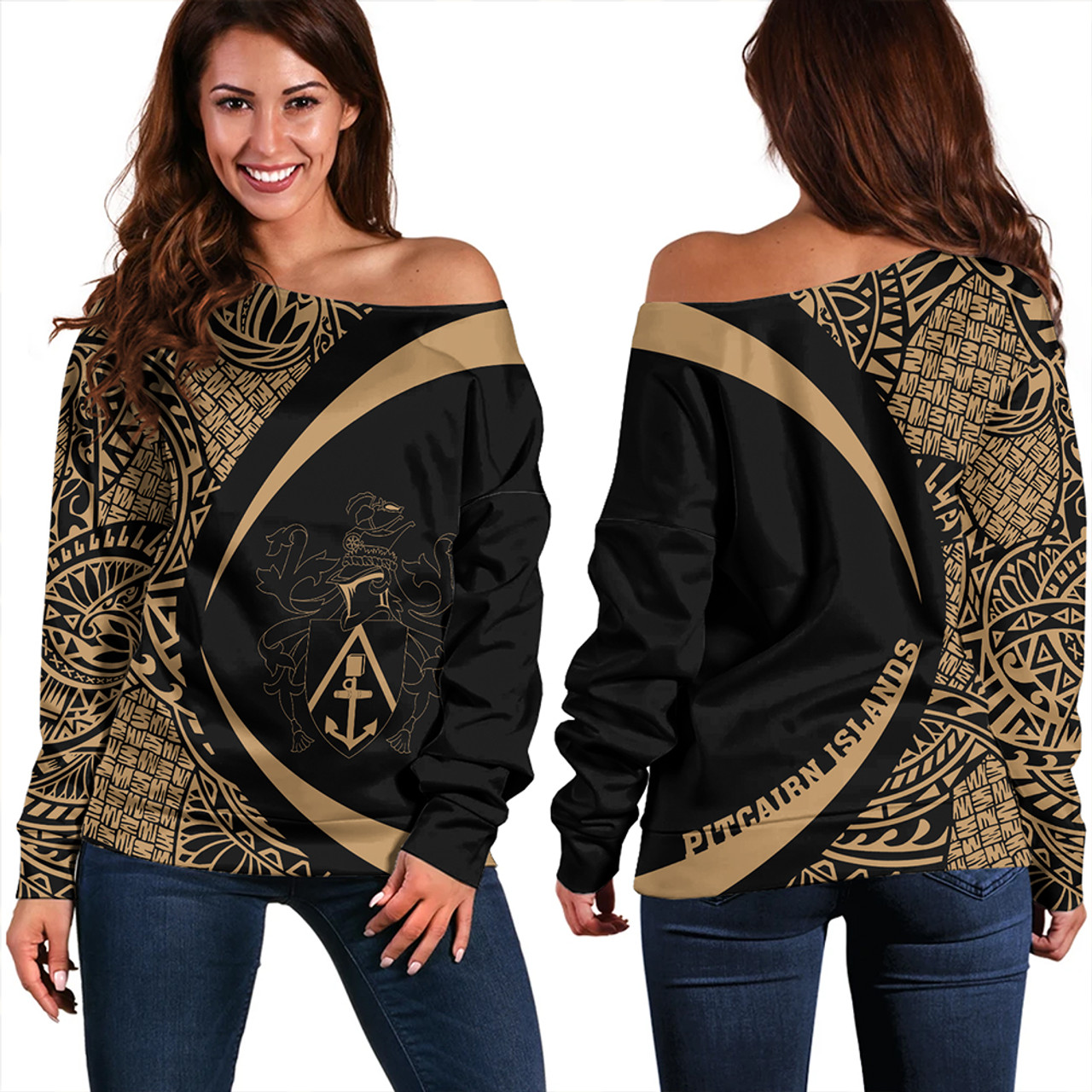 Pitcairn Islands Off Shoulder Sweatshirt Coat Of Arm Lauhala Gold Circle