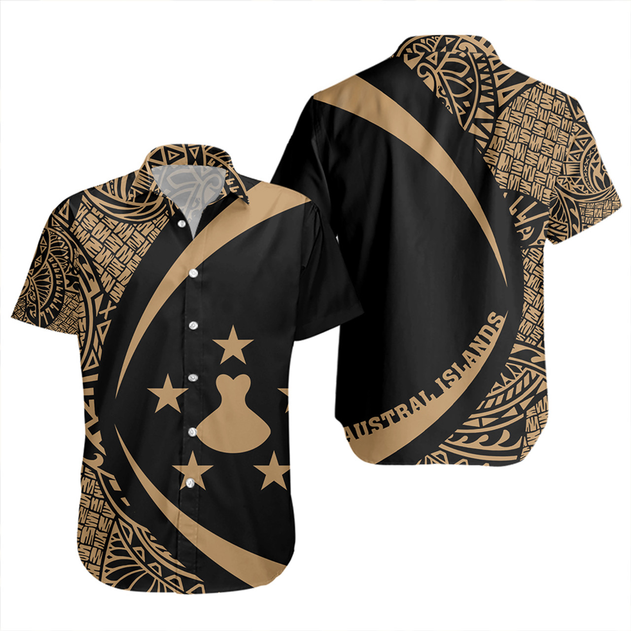 Austral Islands Short Sleeve Shirt Coat Of Arm Lauhala Gold Circle