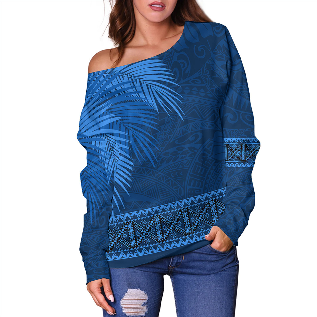 Samoa Off Shoulder Sweatshirt Masi Dobby Fabric Leaves