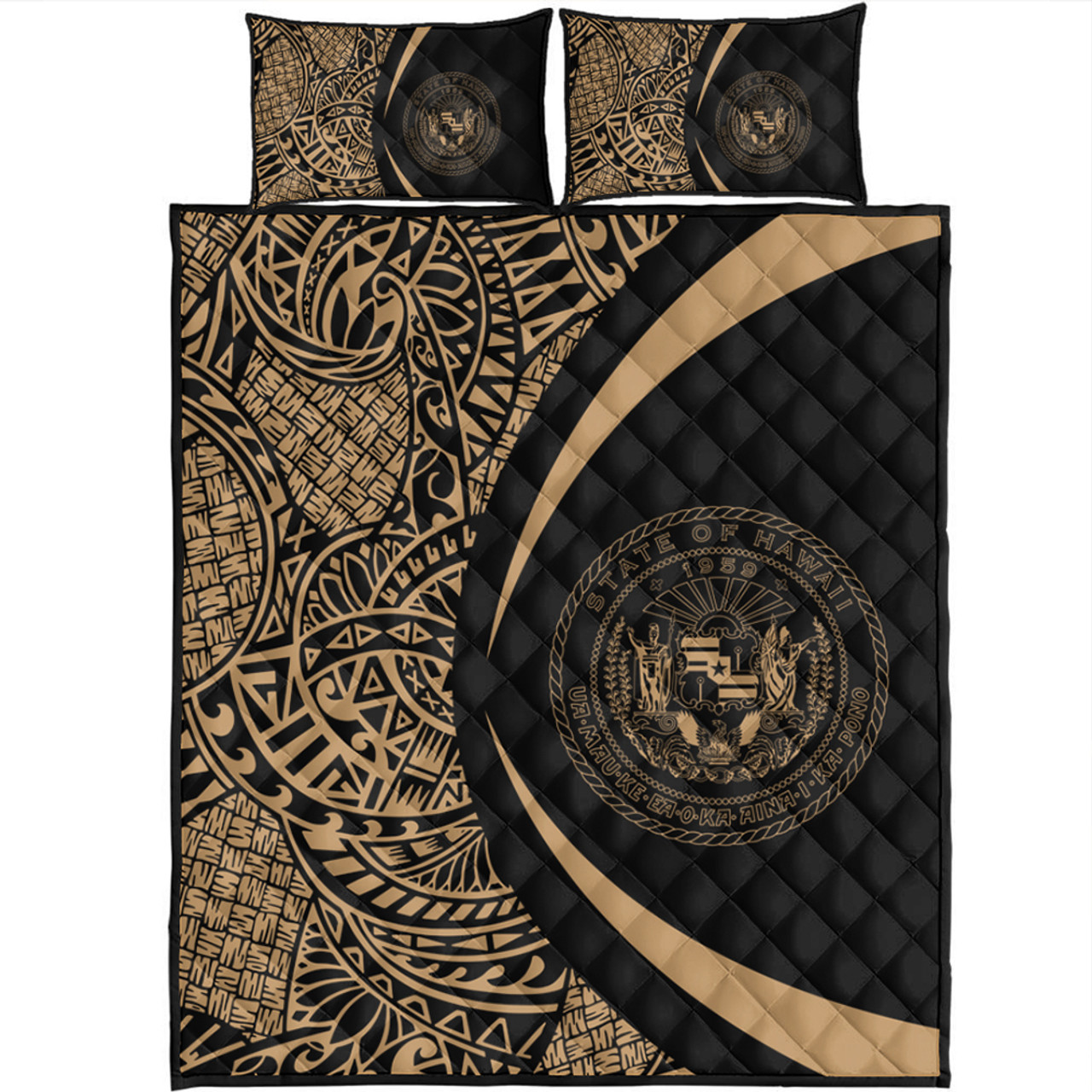 Hawaii Quilt Bed Set Coat Of Arm Lauhala Gold Circle