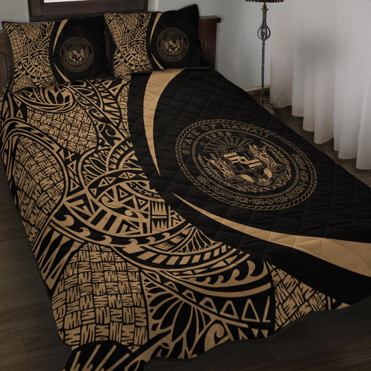 Hawaii Quilt Bed Set Coat Of Arm Lauhala Gold Circle