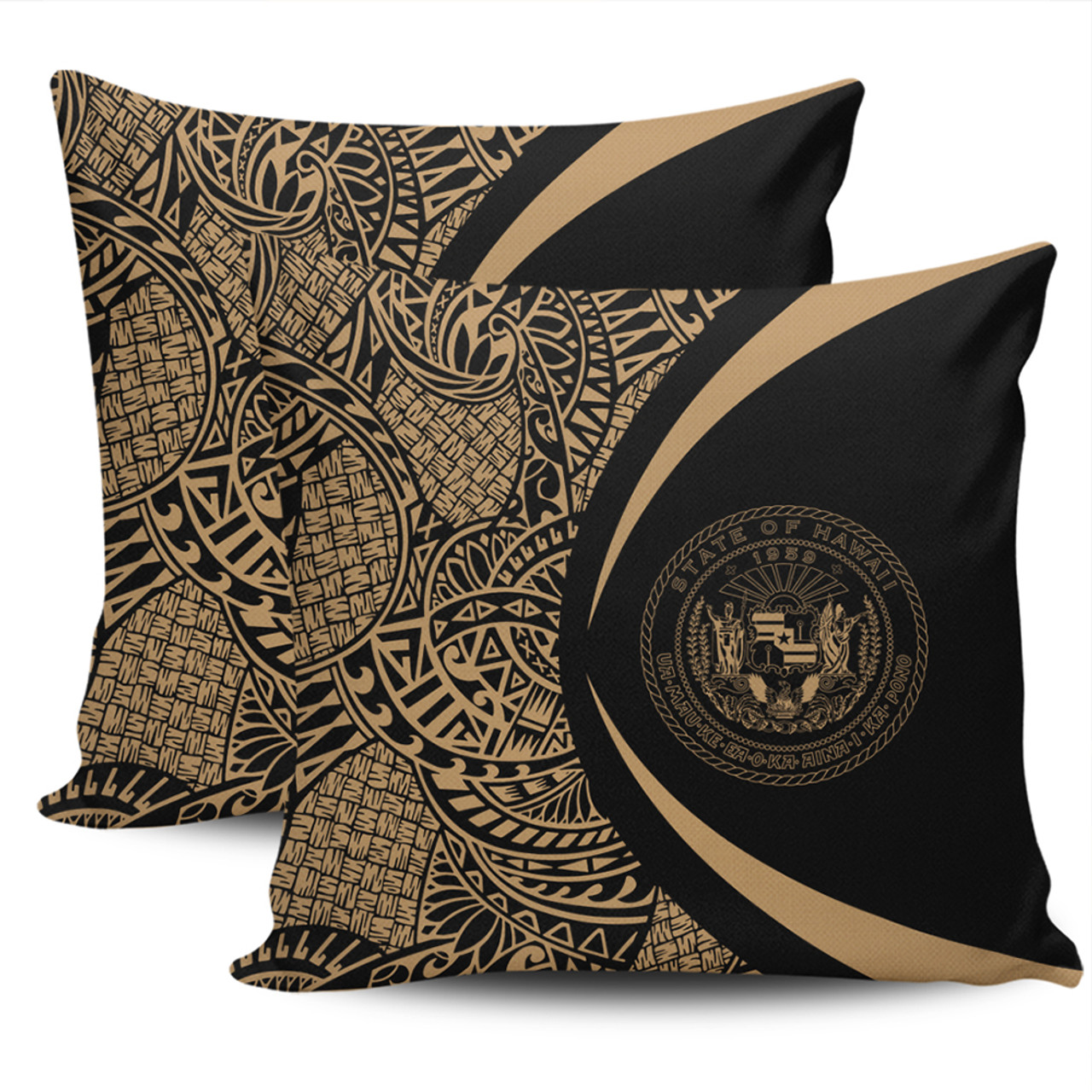 Hawaii Pillow Cover Coat Of Arm Lauhala Gold Circle
