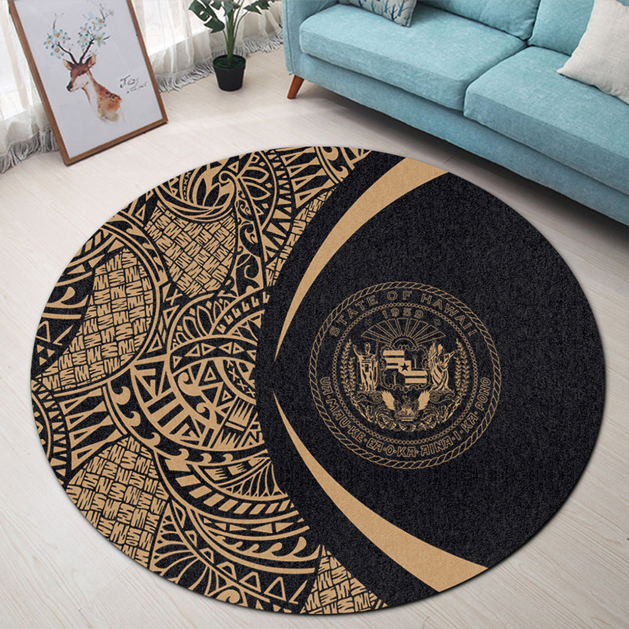 Hawaii Round Rug Coat Of Arm Lauhala Gold Circle