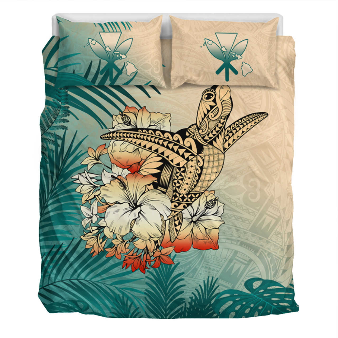 Hawaii Bedding Set Tropical Leaves Sea Turtle Tribal