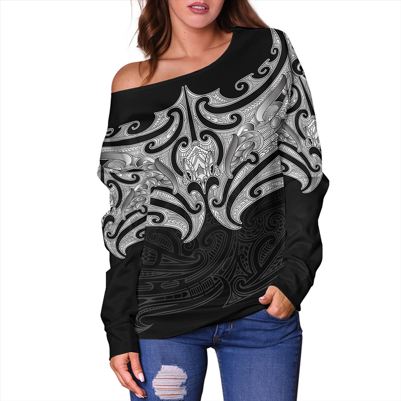 New Zealand Off Shoulder Sweatshirt Maori Pattern