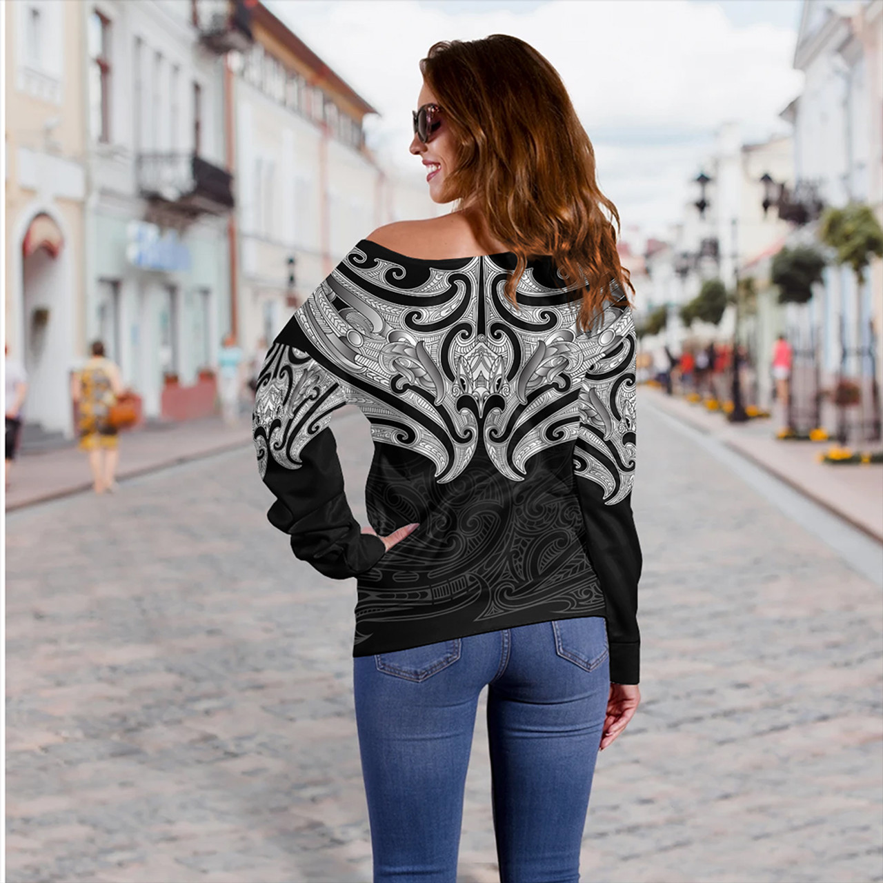 New Zealand Off Shoulder Sweatshirt Maori Pattern