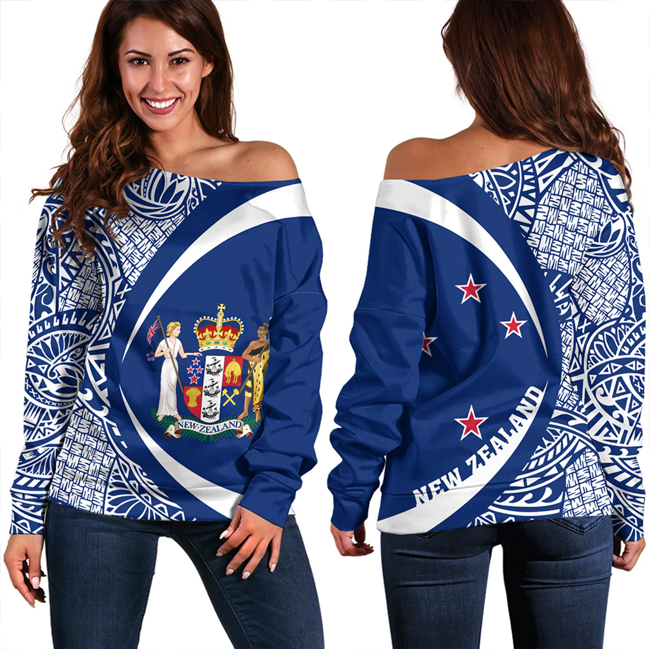 New Zealand Off Shoulder Sweatshirt Coat Of Arm Lauhala White Circle