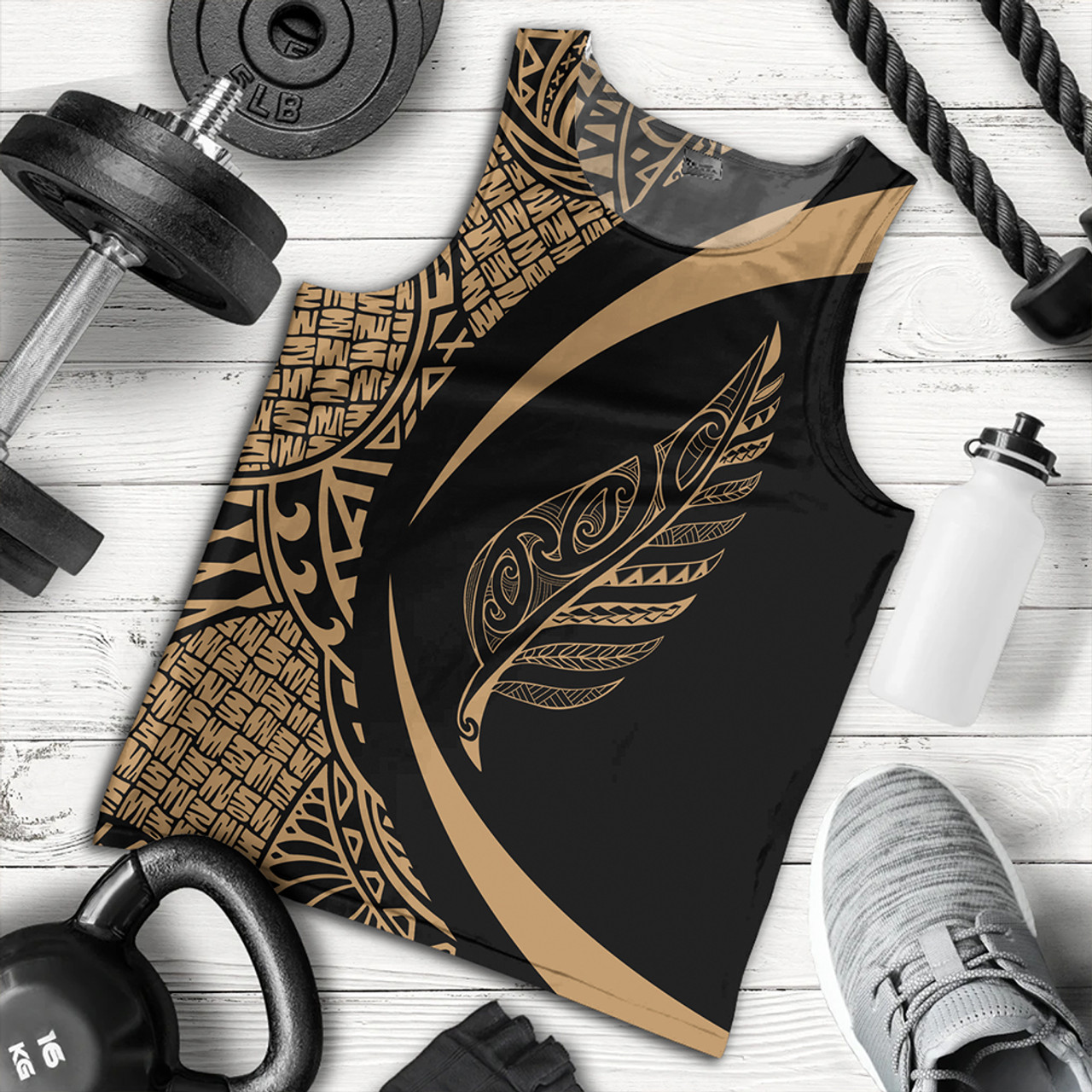 New Zealand Tank Top Silver Fern Lauhala Gold Circle