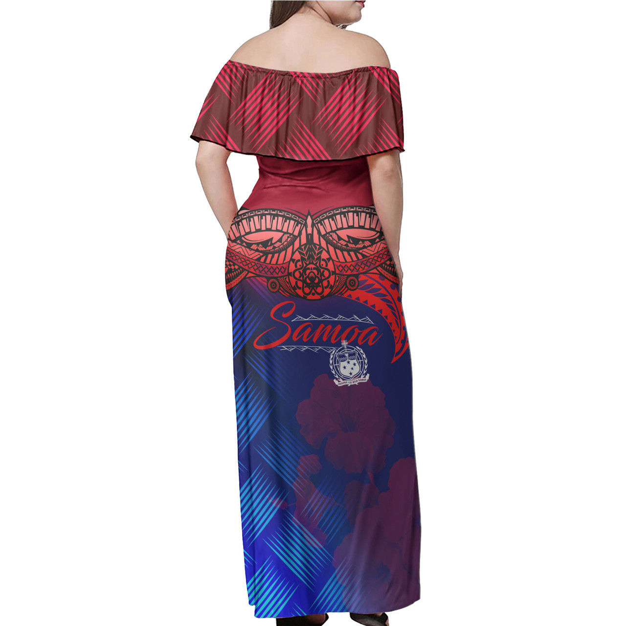 Samoa Polynesian Woman Off Shoulder Long Dress - Samoa Coat Of Arms with Lauhala Tribal Pattern